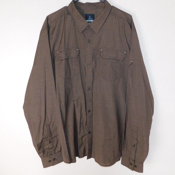 PrAna Shirt Adult XL Button Up Breathe Brown Long Sleeve Outdoor Lightweight - Picture 1 of 13
